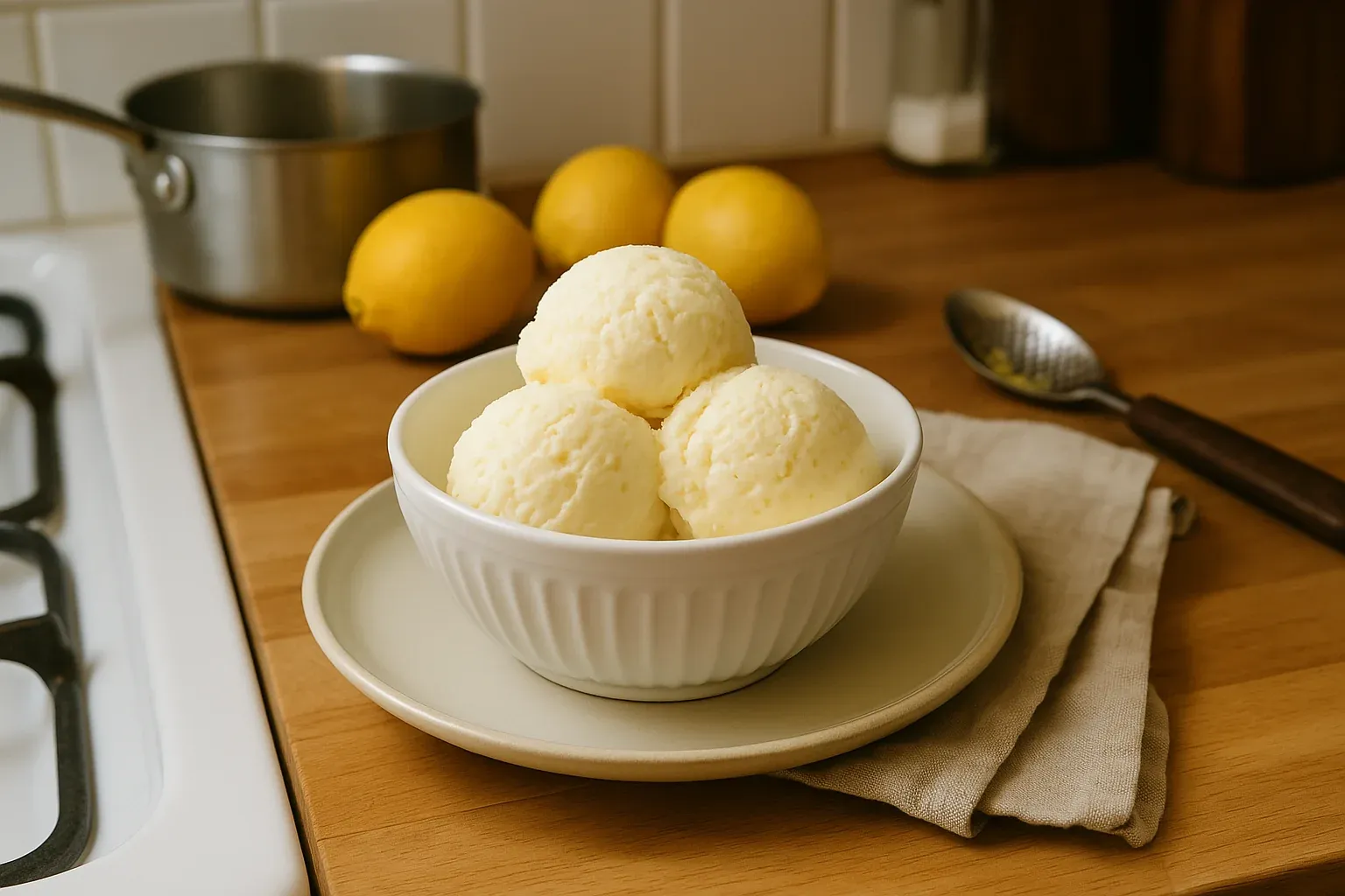 Creamy lemon ice cream scoops in a white bowl on a kitchen counter with fresh lemons and cooking utensils in the background.