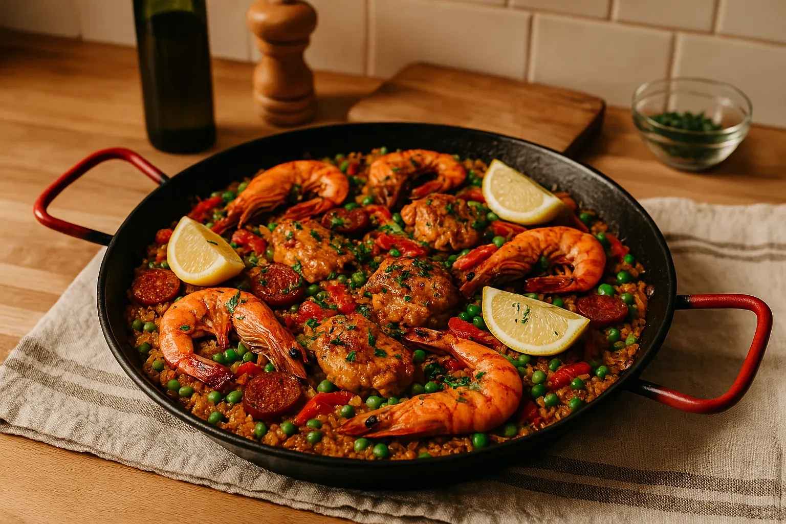 A colorful paella with shrimp, chicken, chorizo, peas, and lemon wedges in a pan on a wooden table.