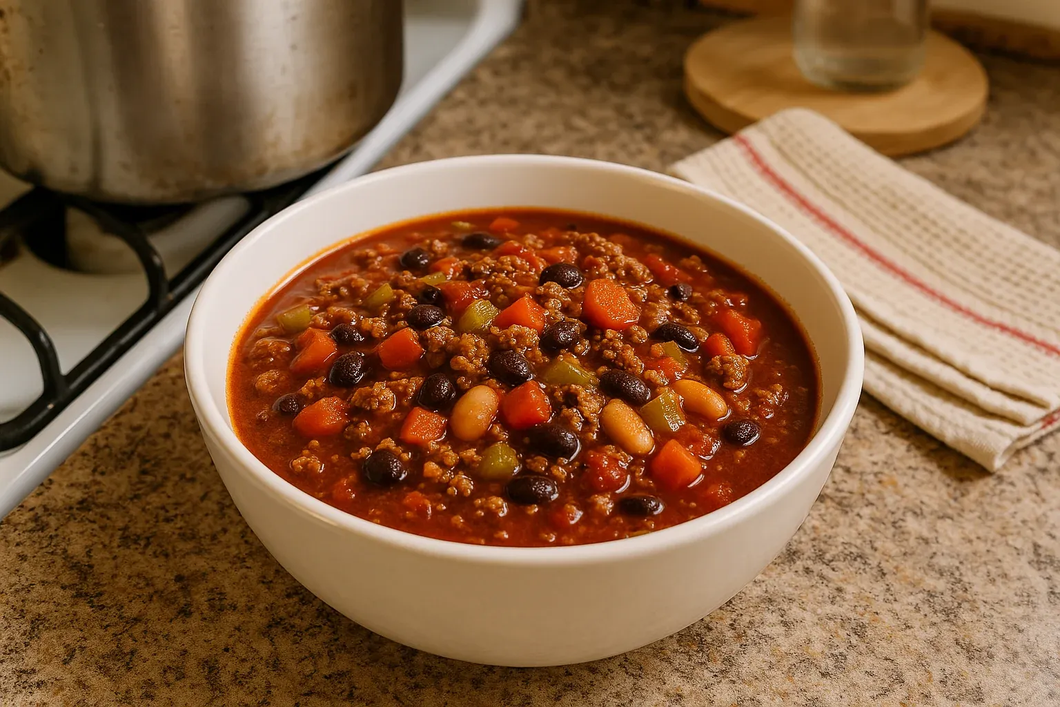 Hearty chili with ground meat, black beans, and vegetables in a white bowl on a kitchen counter near a stove.
