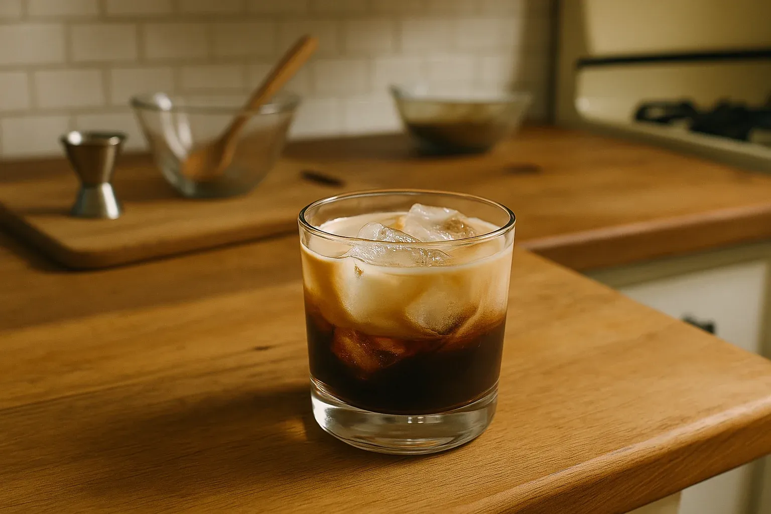 A glass of iced coffee sitting on a wooden kitchen countertop, with a jigger and mixing bowl in the background.