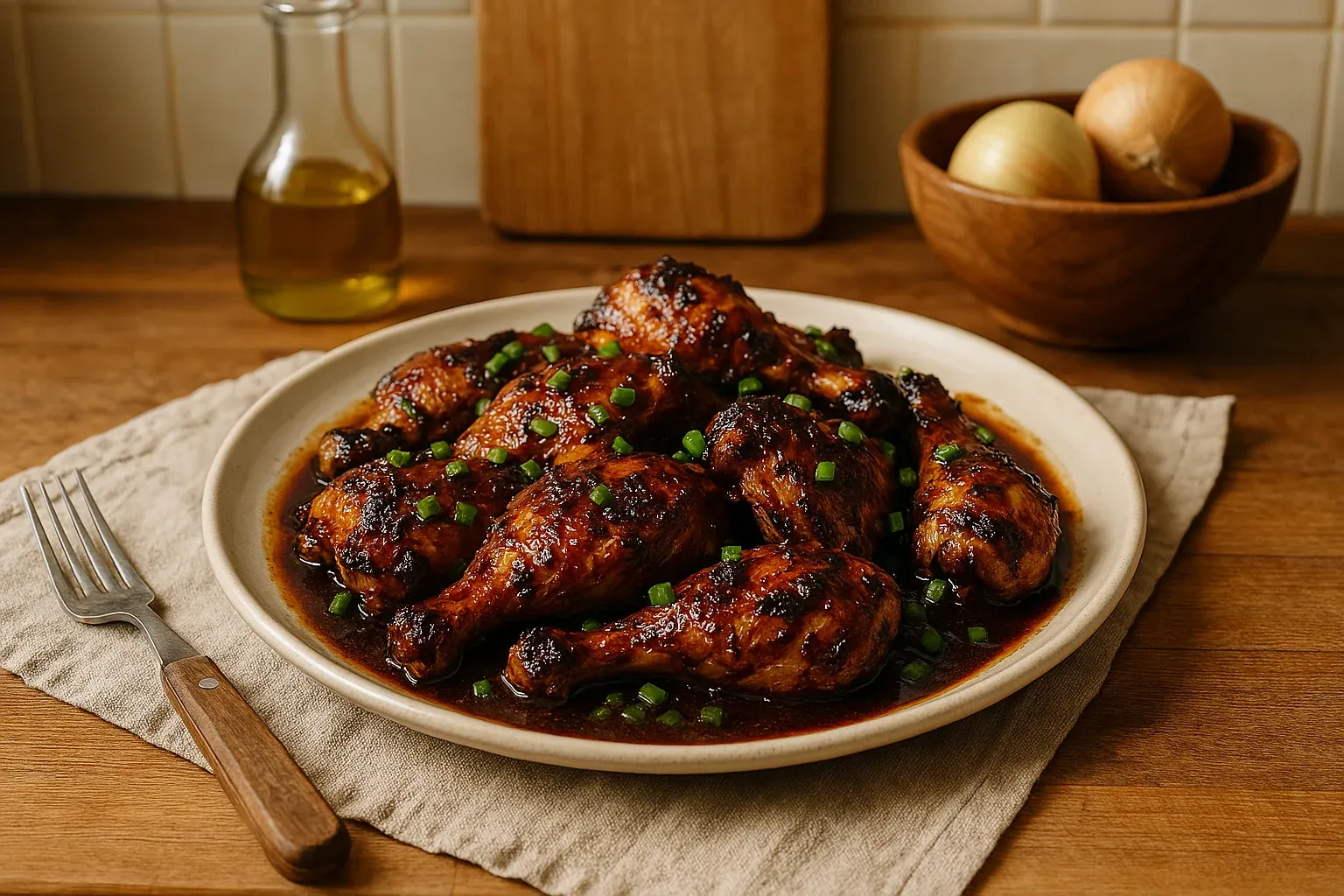 Honey-glazed roasted chicken drumsticks garnished with chopped green onions on a plate, with cooking ingredients in the background.