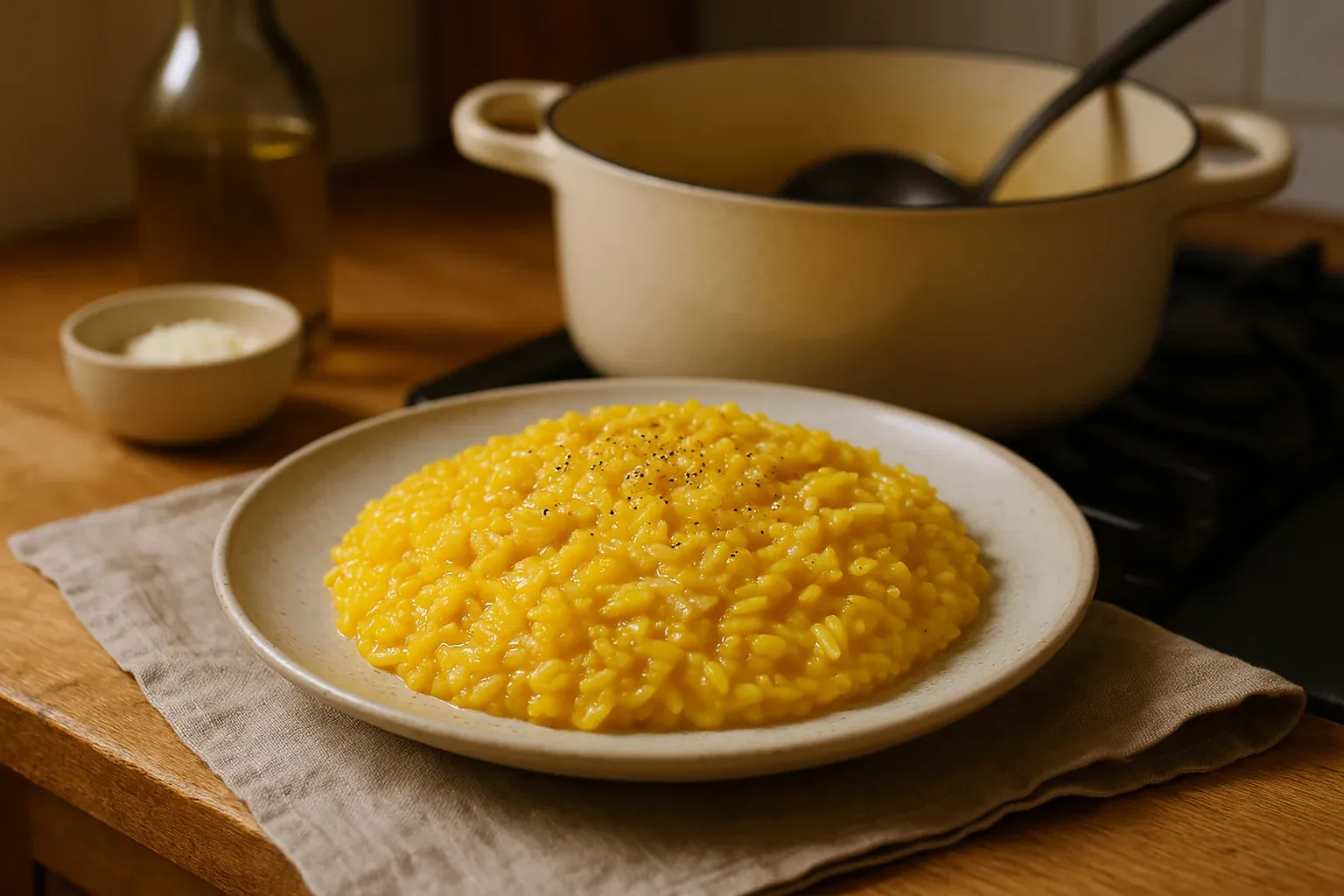 Creamy saffron risotto served on a plate, with a pot and Parmesan cheese in the background on a wooden kitchen counter.
