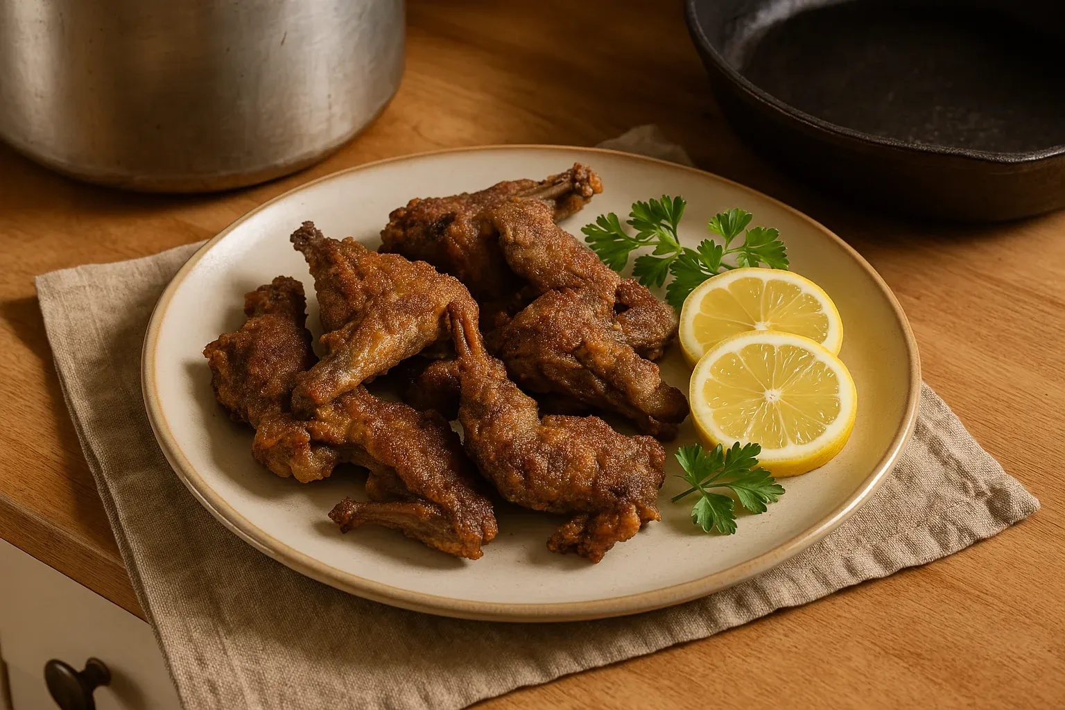 Plate of crispy fried frog legs garnished with lemon slices and parsley on a beige cloth, set on a wooden table.