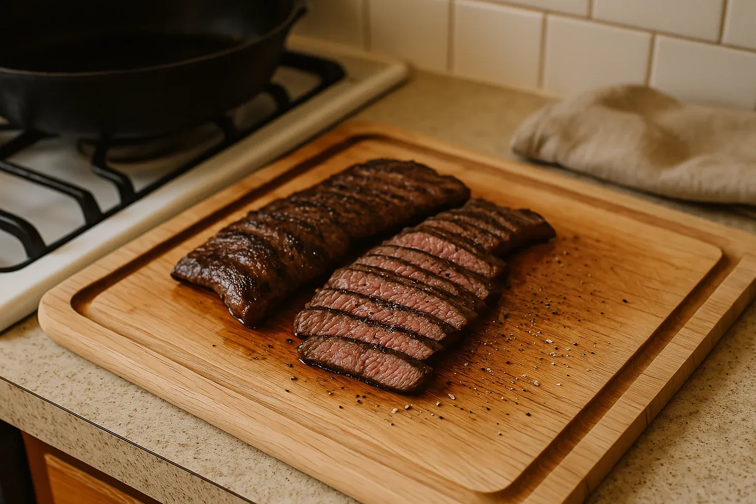Sliced grilled steak resting on a wooden cutting board next to a stove.