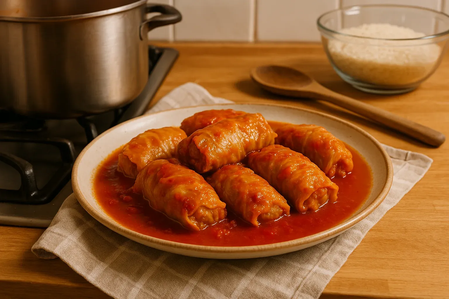 Stuffed cabbage rolls in tomato sauce on a plate, with a pot on the stove and a bowl of rice in the background.