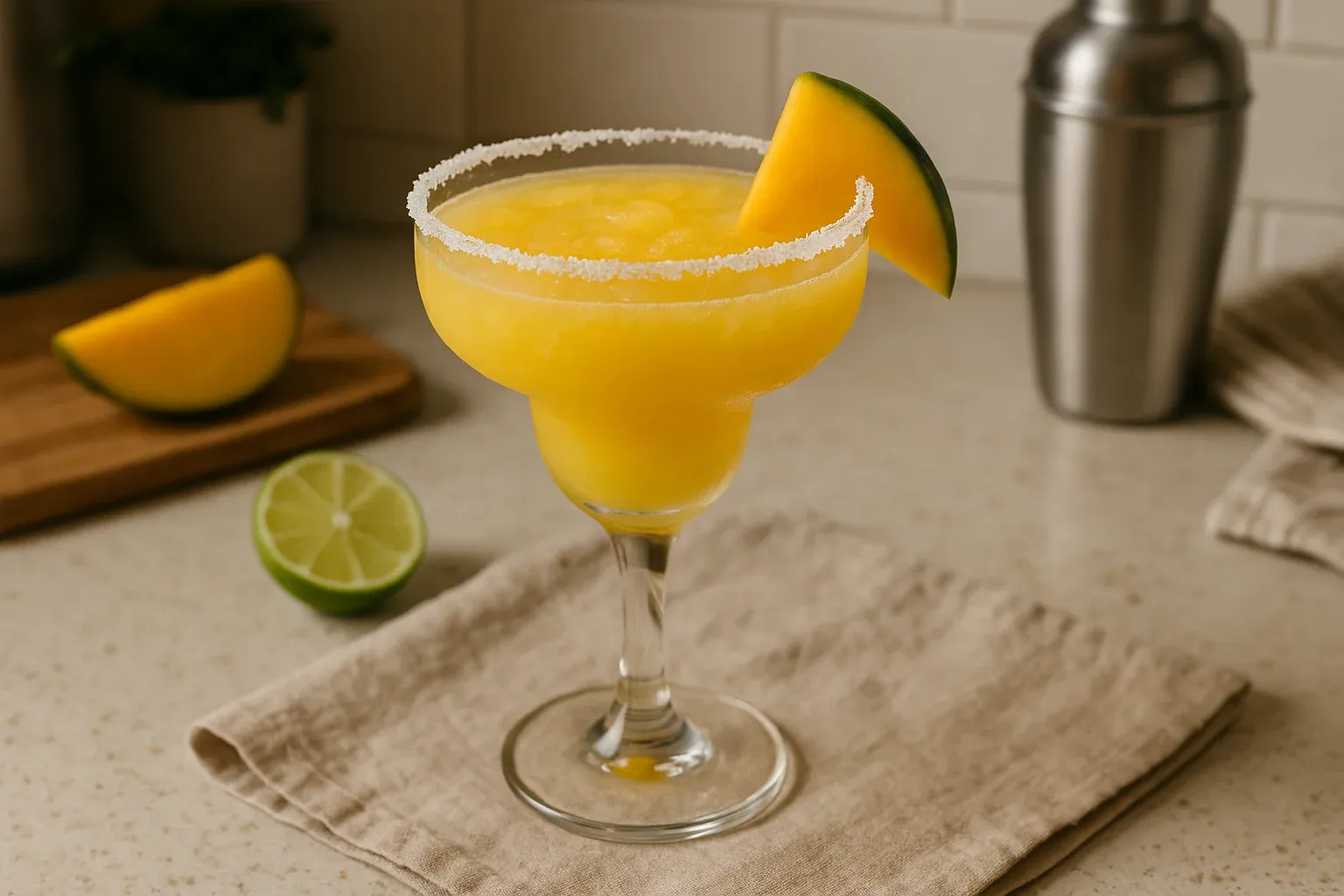 Mango margarita with a salted rim, garnished with a mango slice, lime, and cocktail shaker in the background.