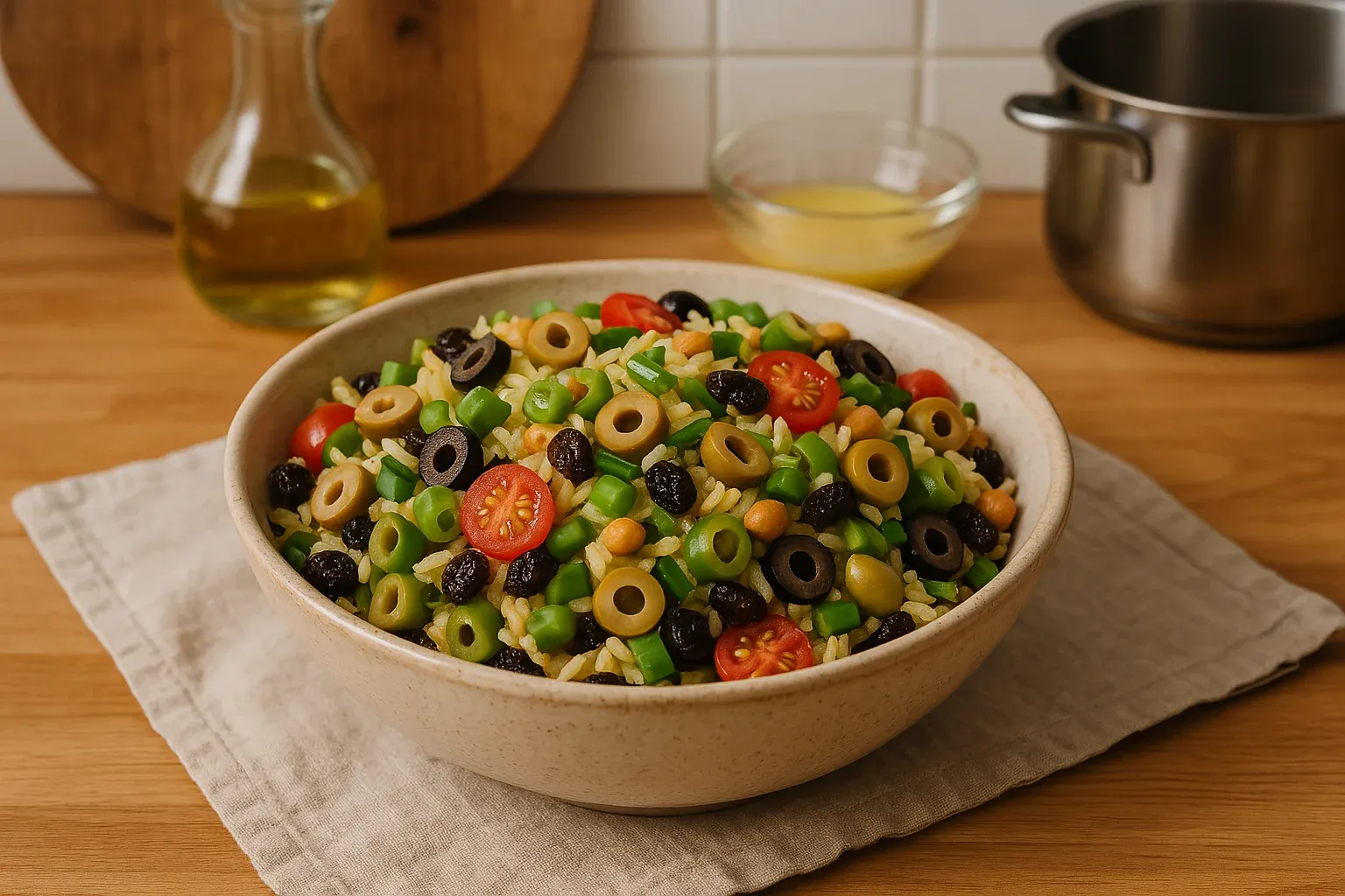 Colorful rice salad with cherry tomatoes, green beans, chickpeas, black and green olives, and raisins in a ceramic bowl on a kitchen counter.