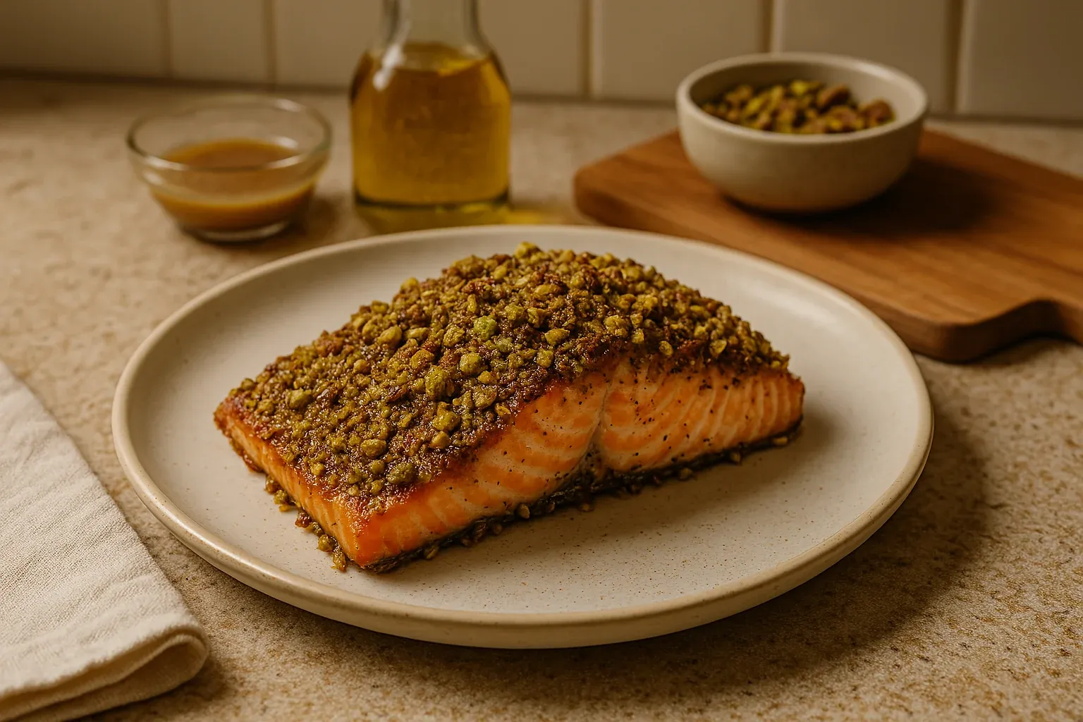 Baked salmon fillet topped with a crust of crushed pistachios, served on a beige plate with olive oil and sauce in the background.