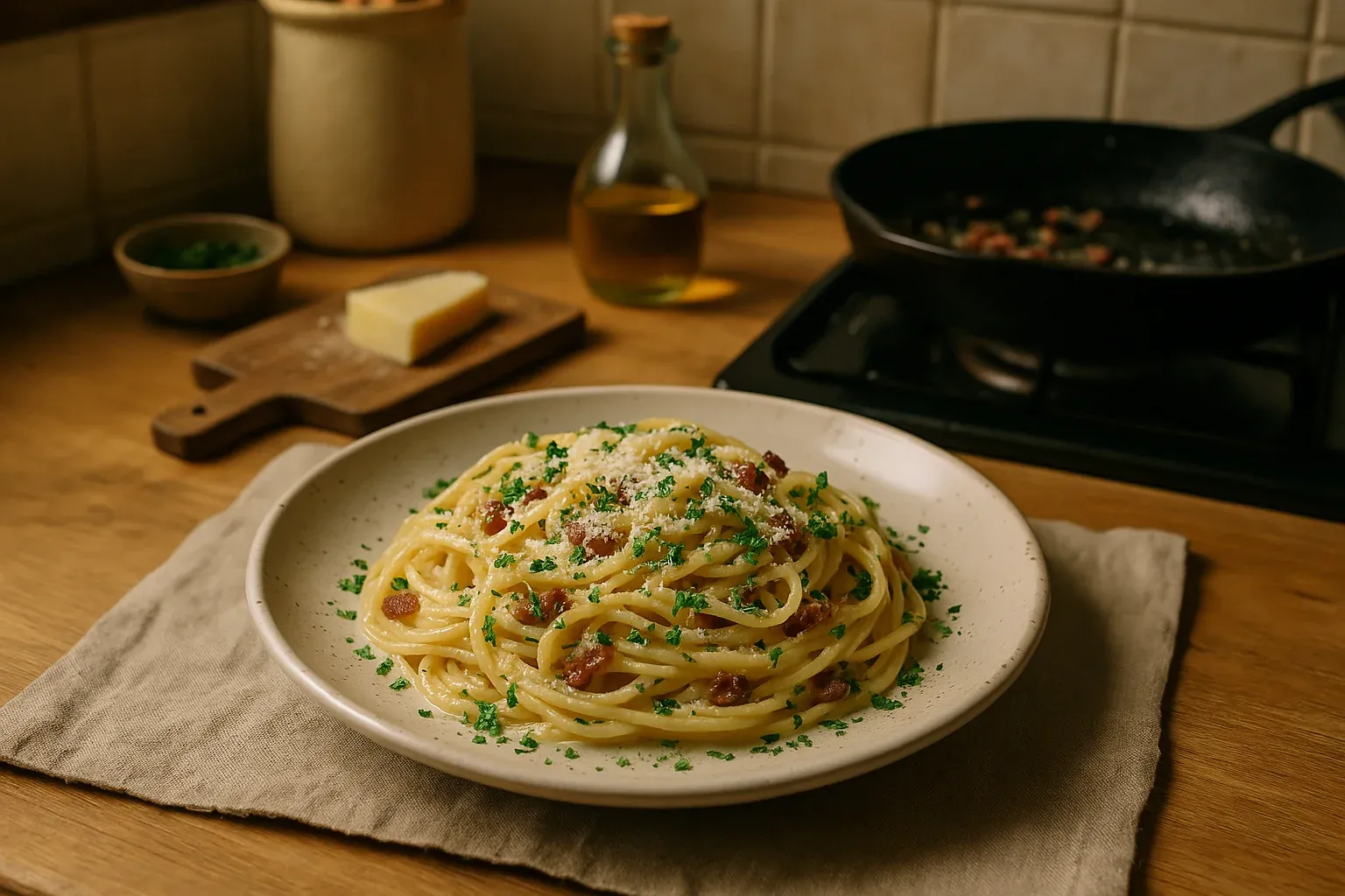 A plate of spaghetti carbonara garnished with parsley, with a block of cheese, oil bottle, and skillet in the background.