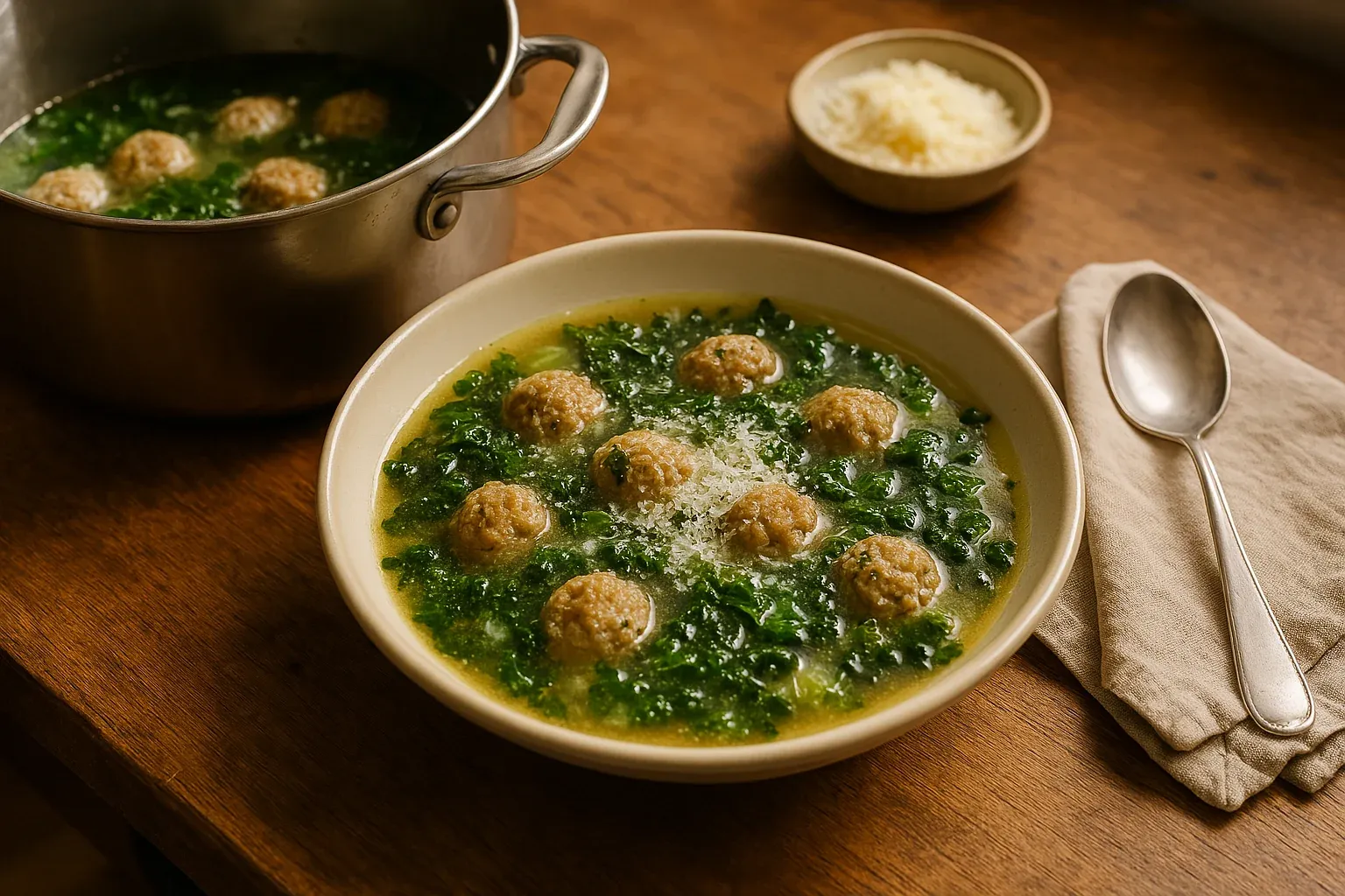 Italian wedding soup with meatballs, spinach, and grated cheese served in a bowl with a pot and spoon on the side.