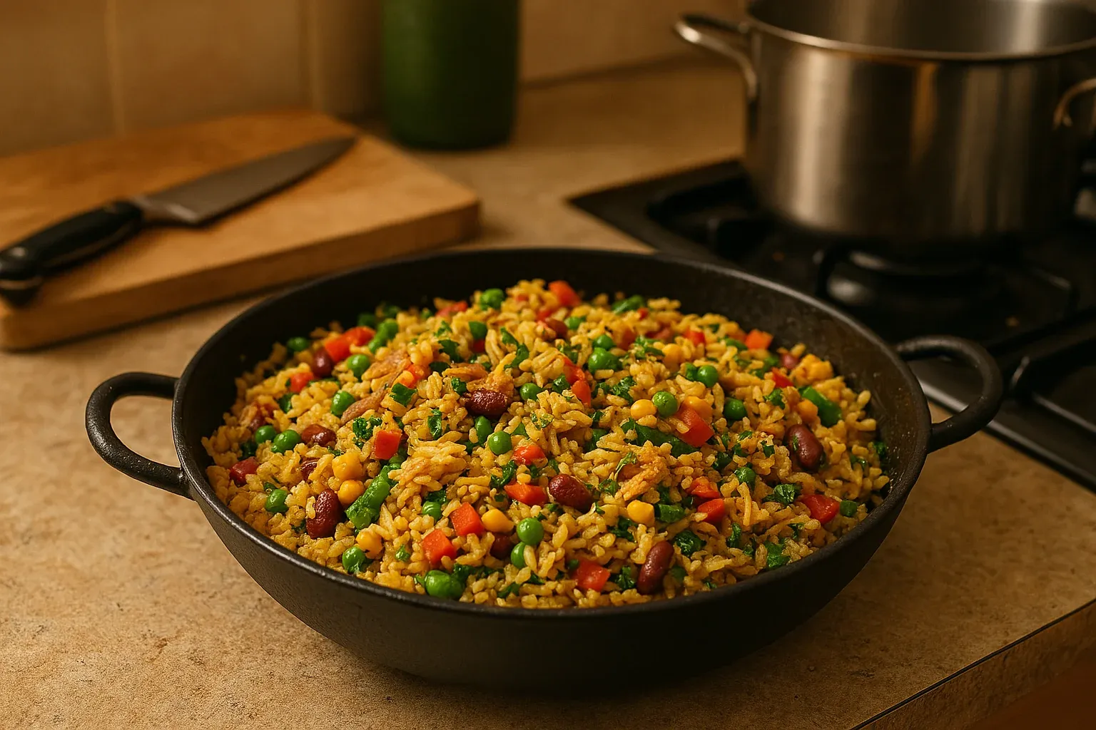 Colorful vegetable fried rice with peas, carrots, and beans in a black skillet on a kitchen counter.