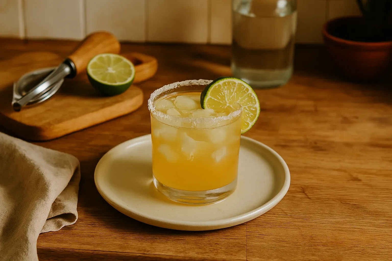 A refreshing margarita cocktail garnished with a lime slice and served in a glass with a salted rim on a wooden table.