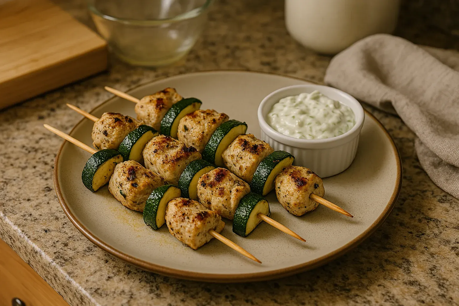 Grilled chicken and zucchini skewers served with a side of creamy tzatziki sauce on a beige plate, set on a granite countertop.