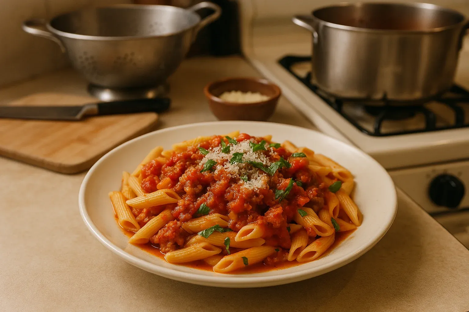 Penne pasta topped with tomato meat sauce and garnished with cheese and herbs, set on a kitchen counter with cooking utensils in the background.
