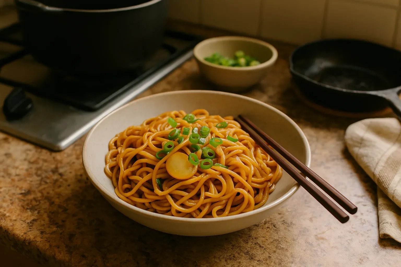 A bowl of stir-fried noodles garnished with sliced green onions and a single garlic slice, accompanied by chopsticks on a kitchen counter.