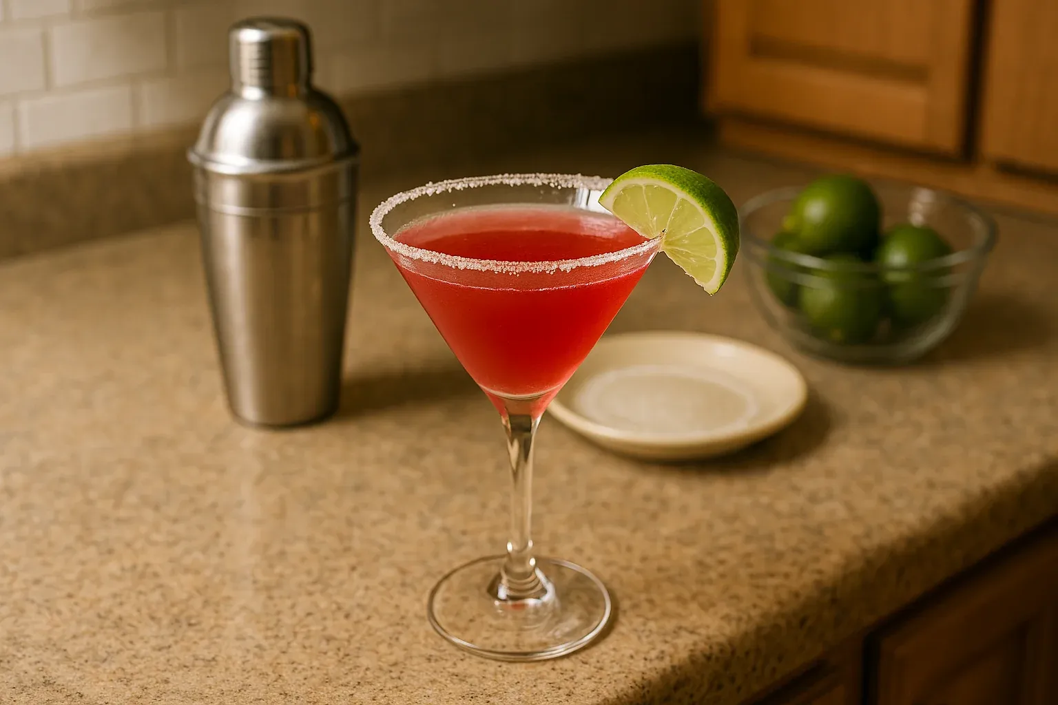 Red cocktail in a sugar-rimmed glass with a lime wedge, next to a cocktail shaker and bowl of limes on a kitchen counter.