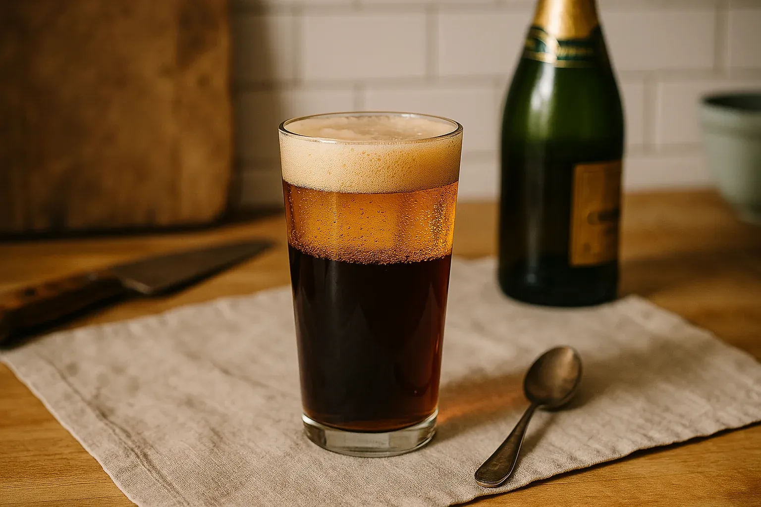 Dark beer with a frothy head in a pint glass on a rustic wooden table, accompanied by a spoon and a bottle in the background.