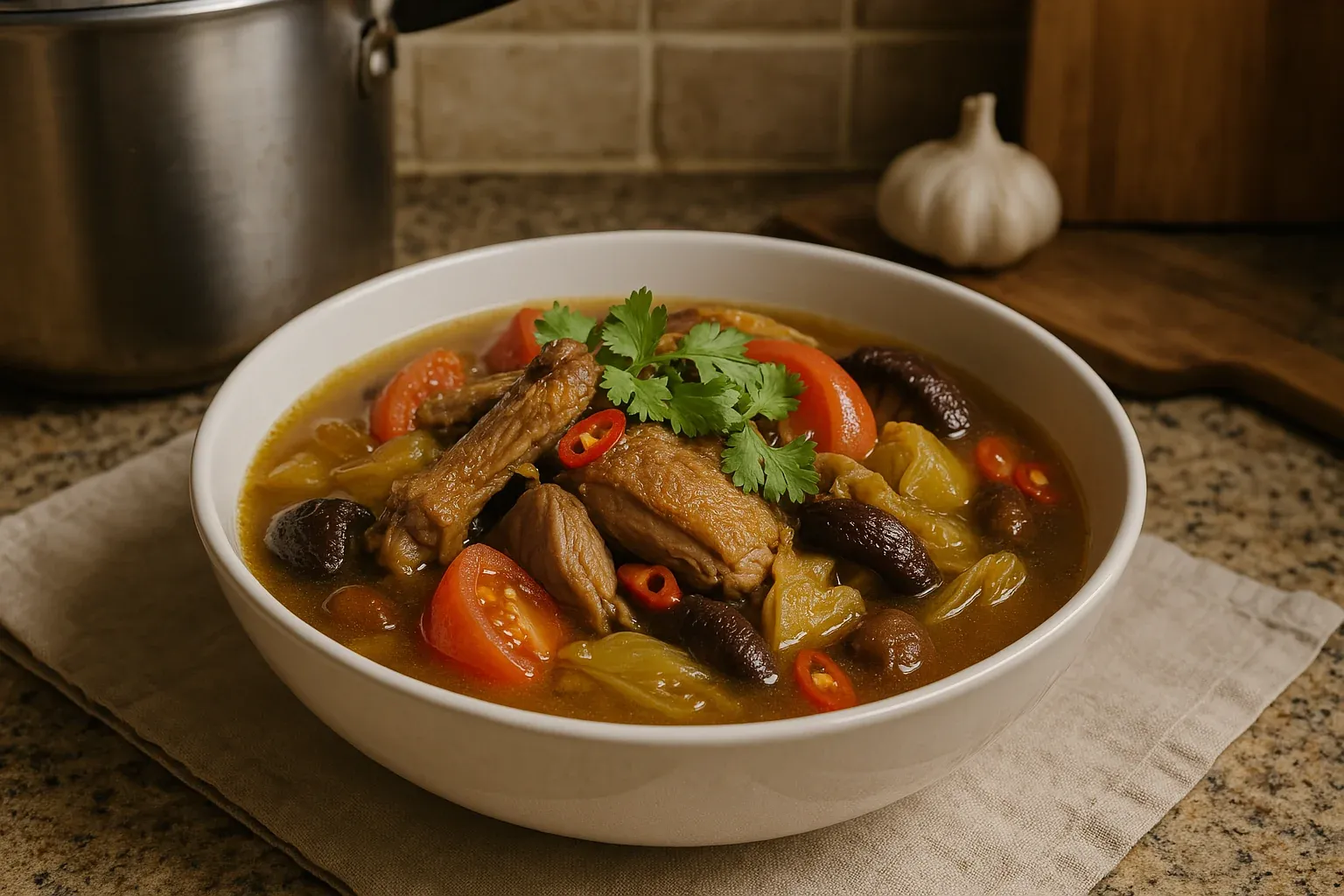 Hearty bowl of meat stew with tomatoes, mushrooms, chili peppers, and cilantro garnish on a kitchen counter.
