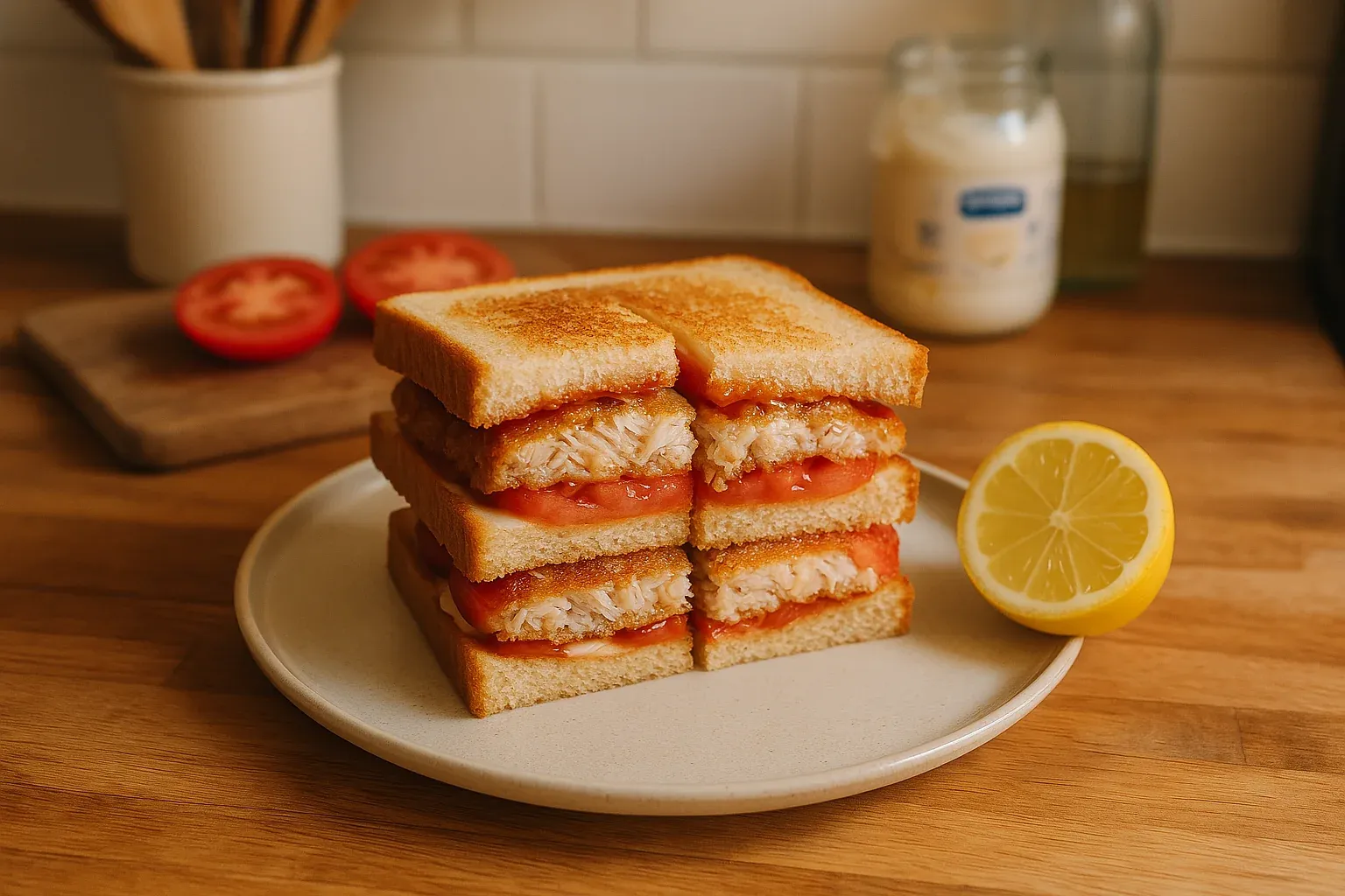 Golden toasted sandwich with crab meat and tomato slices, garnished with lemon, displayed on a kitchen counter.
