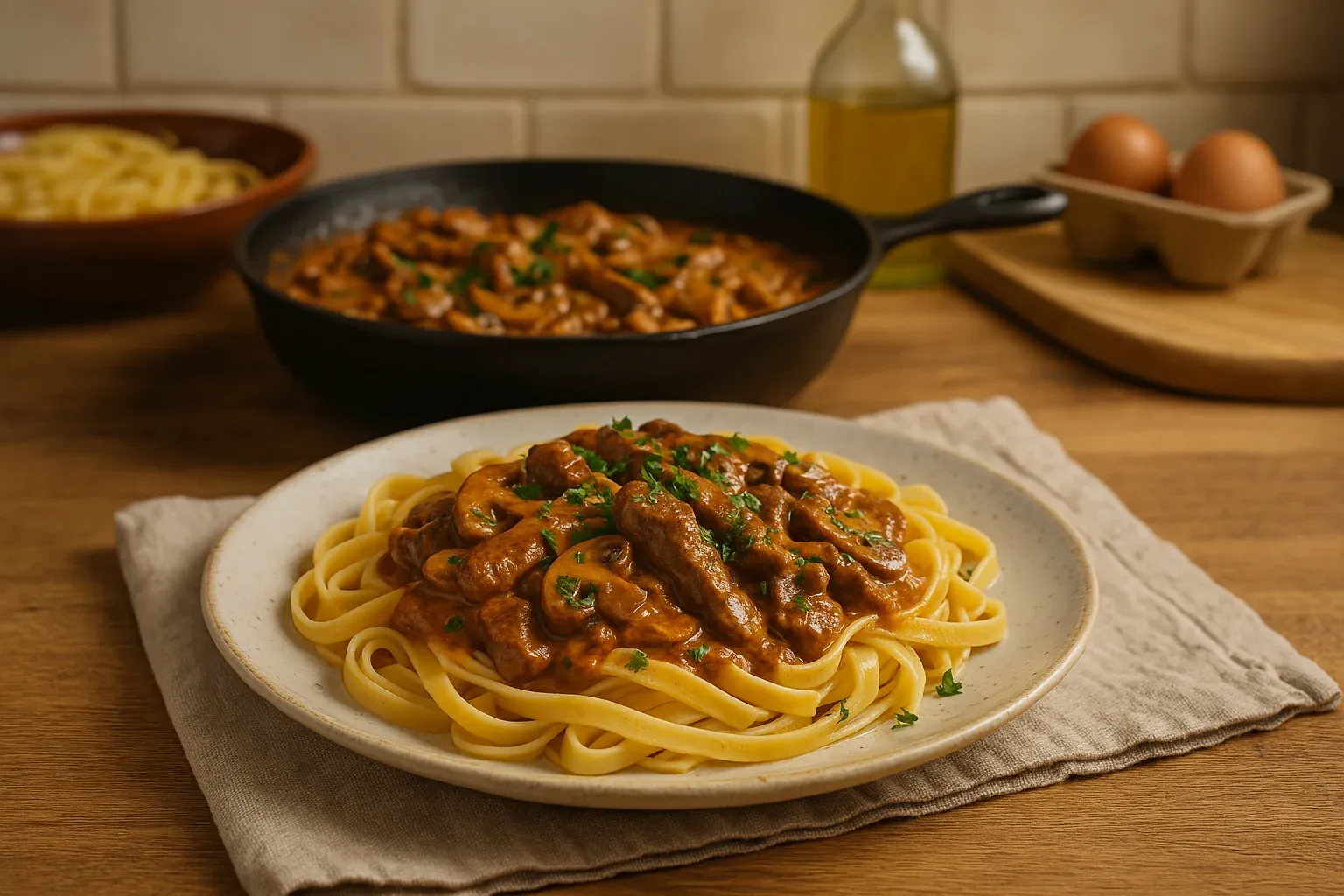 Creamy beef stroganoff served over fettuccine noodles, garnished with fresh parsley, with a skillet and ingredients in the background.