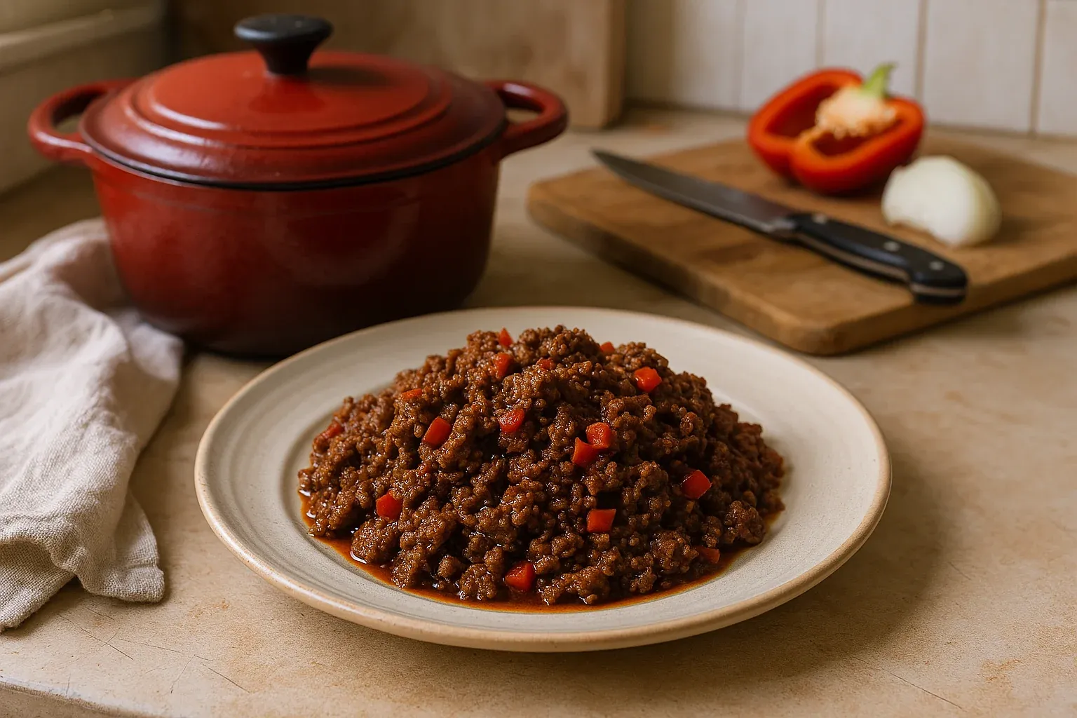 Hearty ground beef and red bell pepper mixture on a plate, with a red Dutch oven, knife, and chopped vegetables in the background.