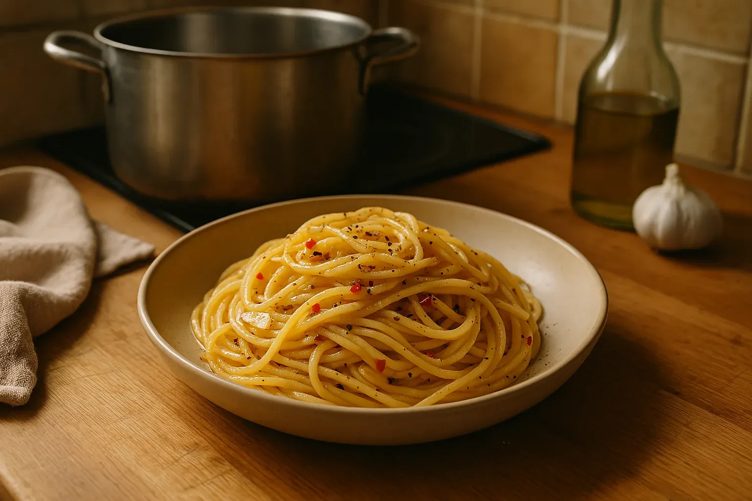 A plate of spaghetti aglio e olio garnished with red pepper flakes, set on a wooden countertop with garlic and olive oil in the background.