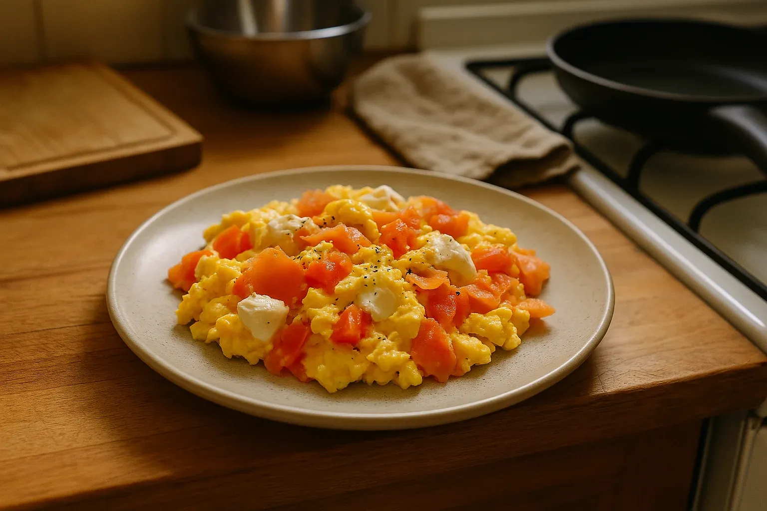 Scrambled eggs with smoked salmon and cream cheese on a beige plate, placed on a wooden kitchen counter.