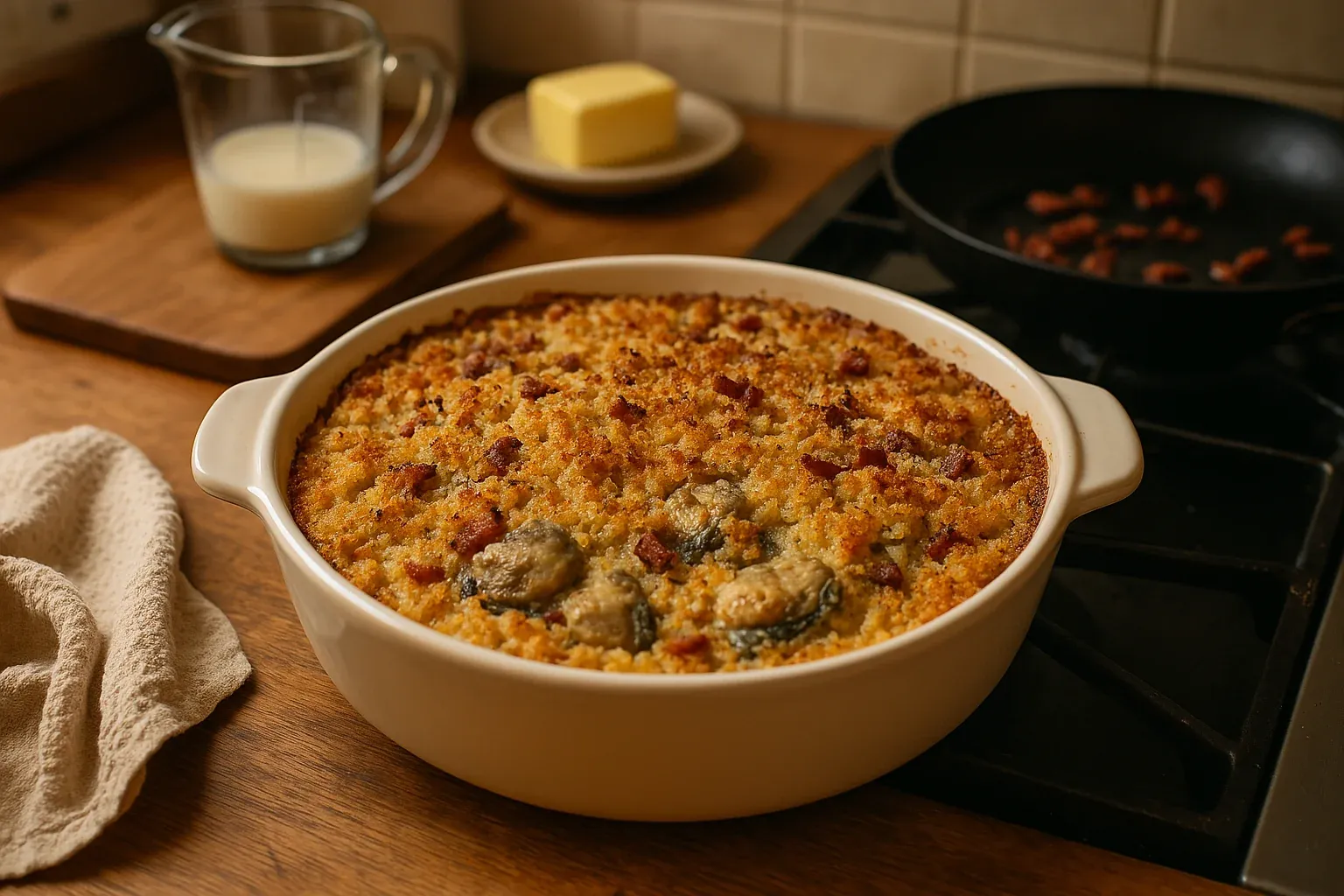 Golden brown oyster casserole with crispy breadcrumb topping, a glass of milk, butter, and a pan with bacon bits in the background.