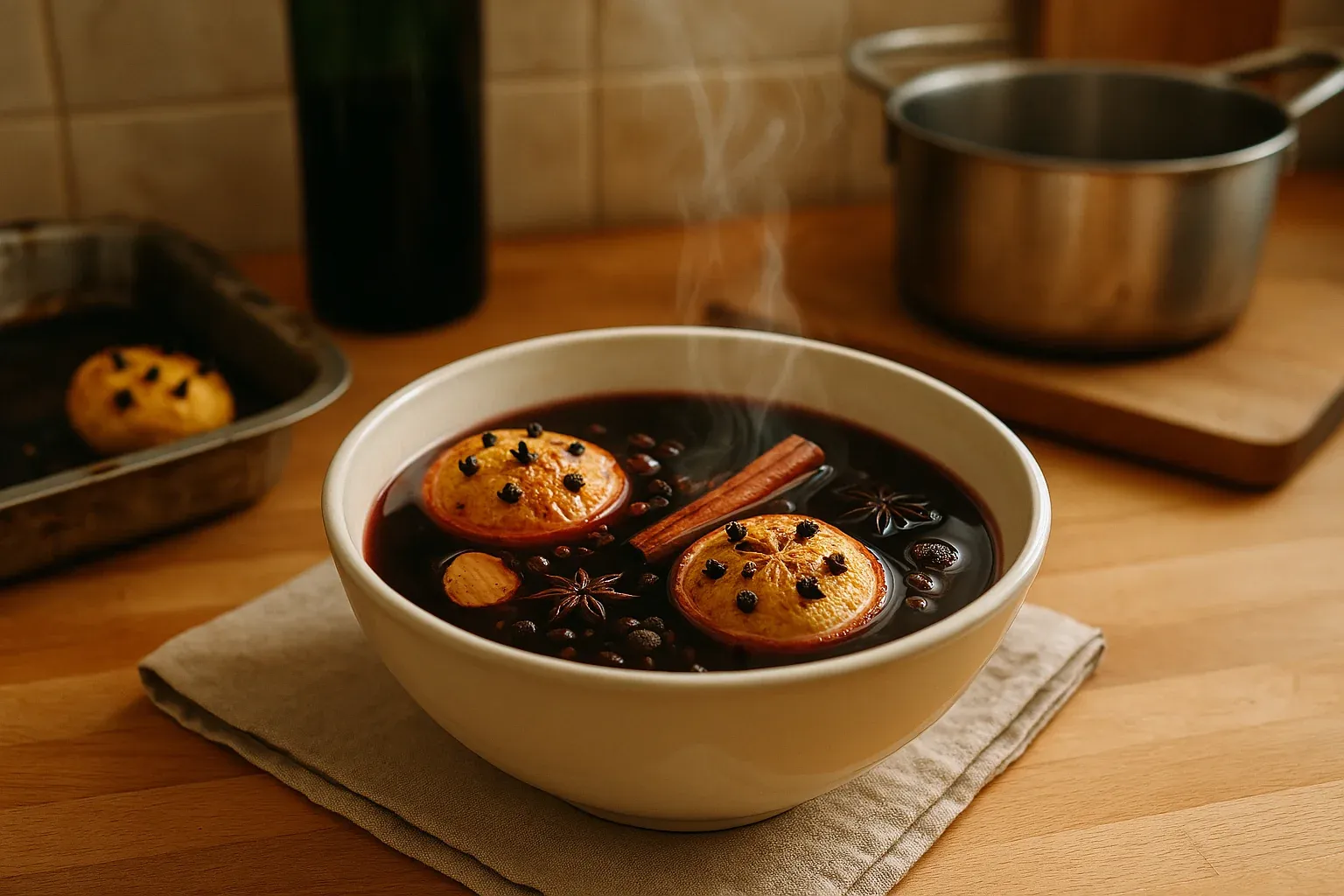 Steaming bowl of spiced mulled wine with floating orange slices, cloves, cinnamon sticks, star anise, and dark berries on a kitchen counter.