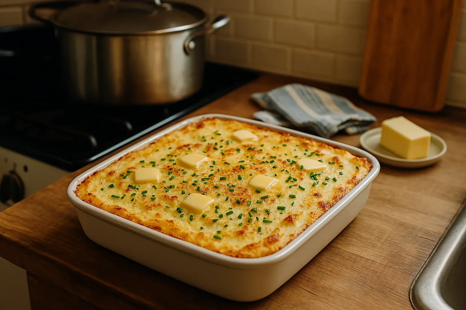 Golden brown casserole topped with melted butter and chives, sitting on a wooden counter next to a pot and a dish of butter.