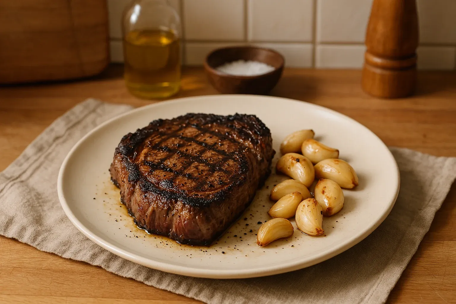 Grilled steak served with roasted garlic cloves on a beige plate, accompanied by olive oil, salt, and pepper in the background.