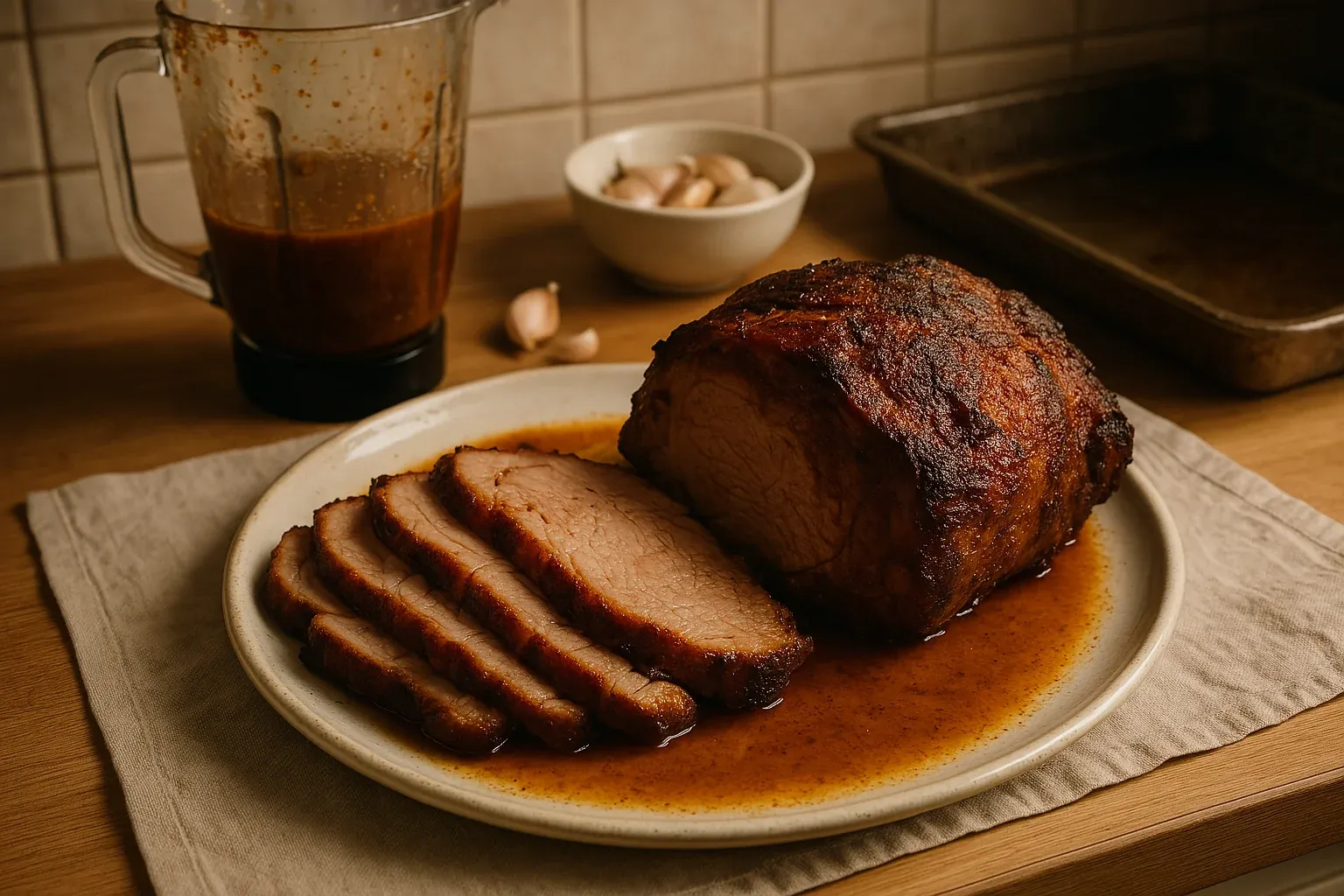 Juicy sliced pork roast with rich gravy on a plate, accompanied by a blender with marinade and garlic cloves in a bowl.