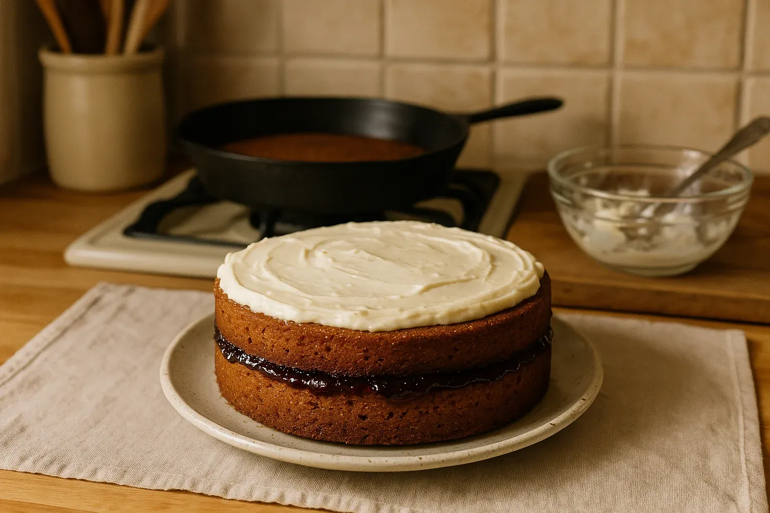 Victoria sponge cake with jam filling and cream frosting, placed on a plate in a cozy kitchen setting.
