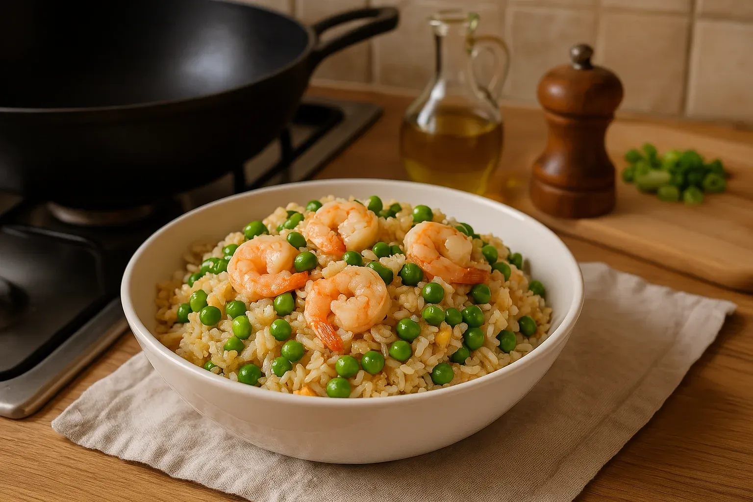 Bowl of shrimp and pea risotto with olive oil and pepper mill on a wooden kitchen counter.
