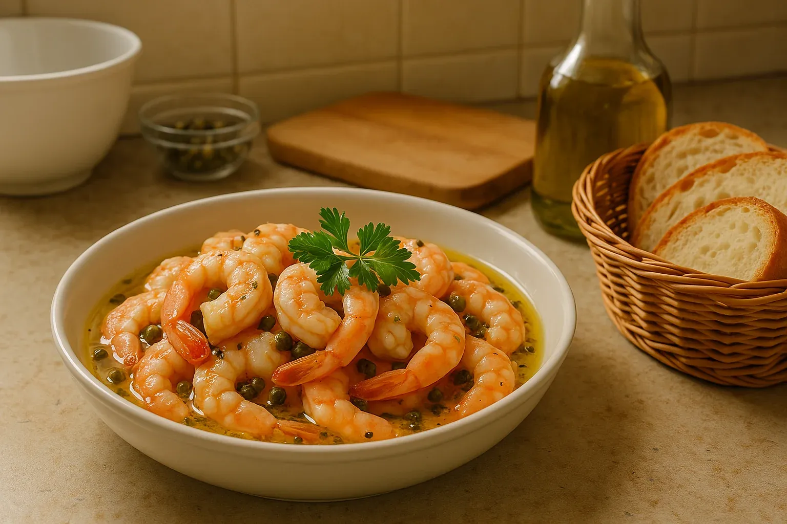 Shrimp scampi in garlic butter sauce with capers, garnished with parsley, served with sliced bread and olive oil in a kitchen setting.