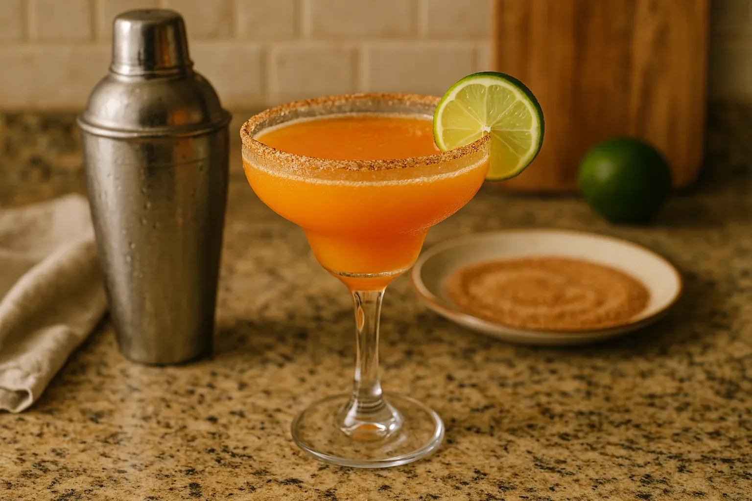 Classic margarita with lime garnish, rimmed with chili salt, served in a chilled glass next to a metal cocktail shaker.