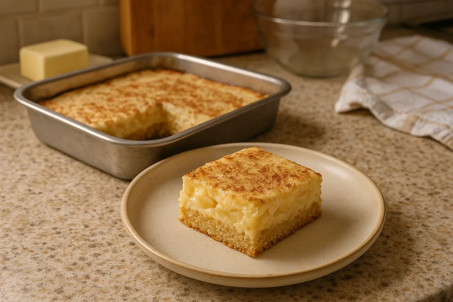 Creamy custard cake slice on a plate with a dusting of cinnamon, with the rest of the cake in a baking pan in the background.