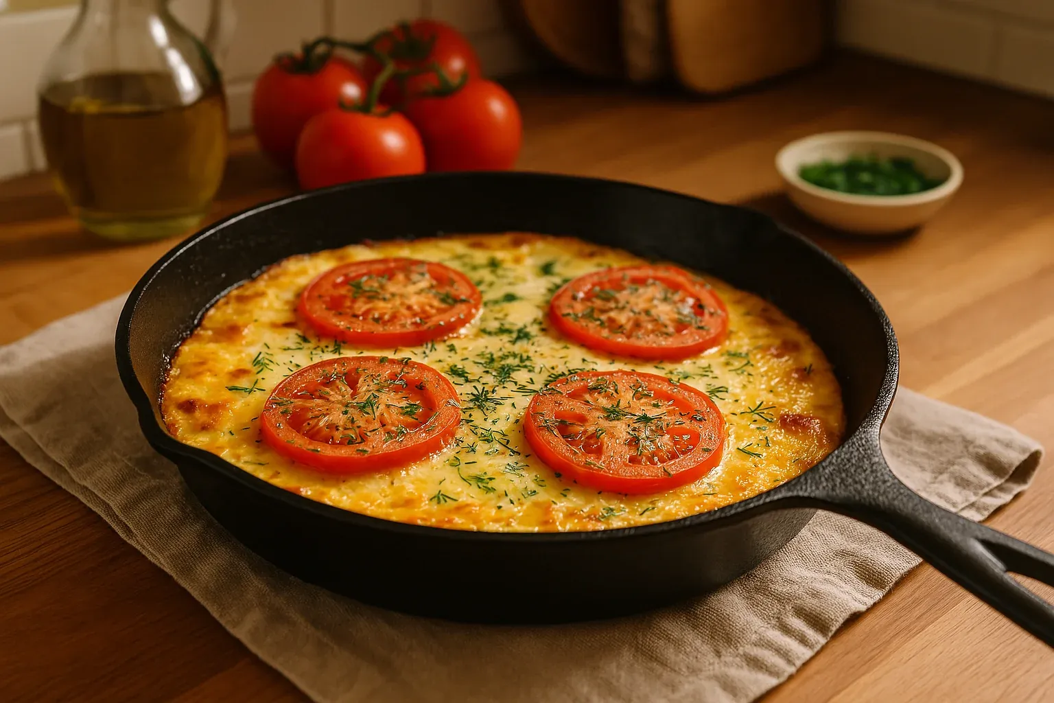 Cheesy frittata topped with sliced tomatoes and fresh herbs in a cast iron skillet, with ripe tomatoes in the background.