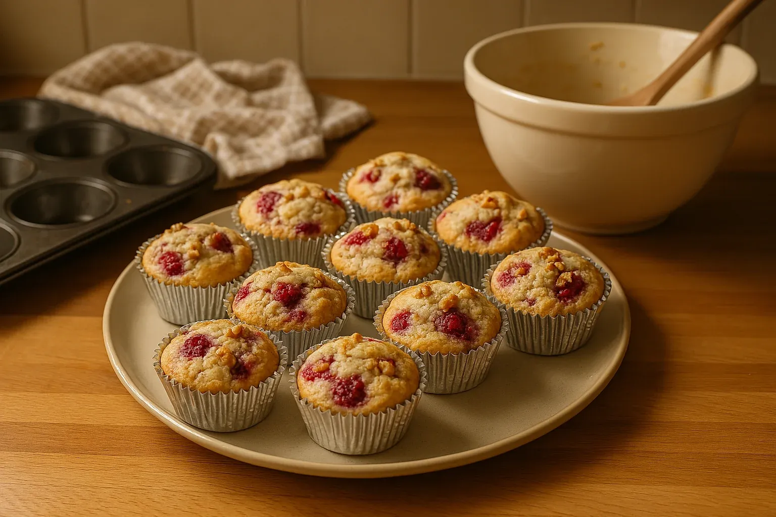 Freshly baked raspberry muffins cooling on a plate, with a mixing bowl and muffin tin in the background.