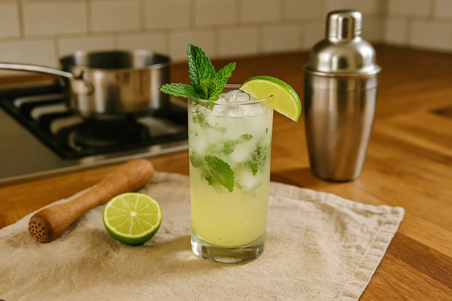 Refreshing mojito cocktail with mint leaves, lime wedge garnish, and crushed ice, set in a cozy kitchen environment.