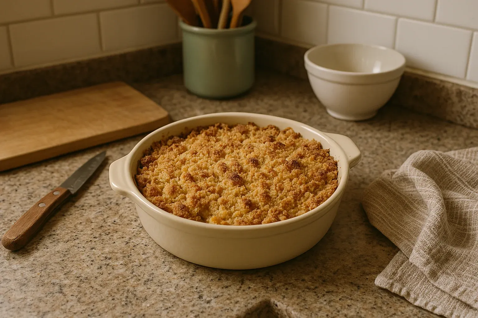 Golden-brown crumble dessert in a white ceramic dish on a granite countertop with a knife and kitchen utensils in the background.