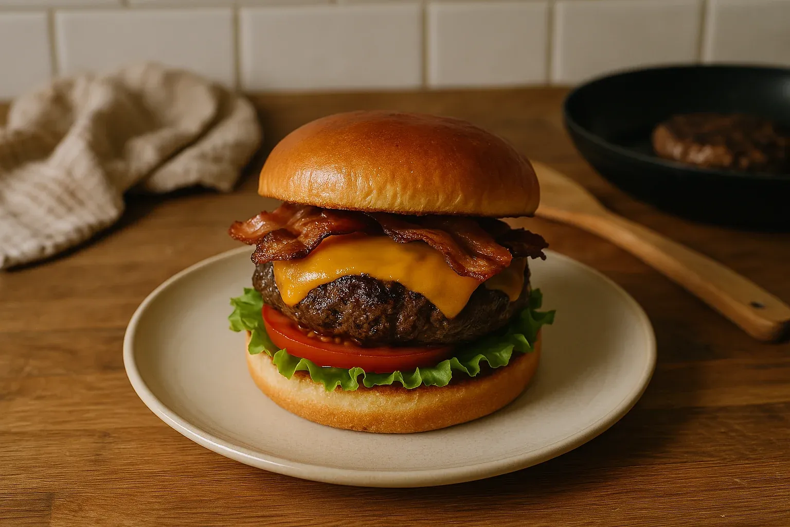 Juicy bacon cheeseburger with lettuce and tomato on a toasted bun, served on a plate in a kitchen setting.