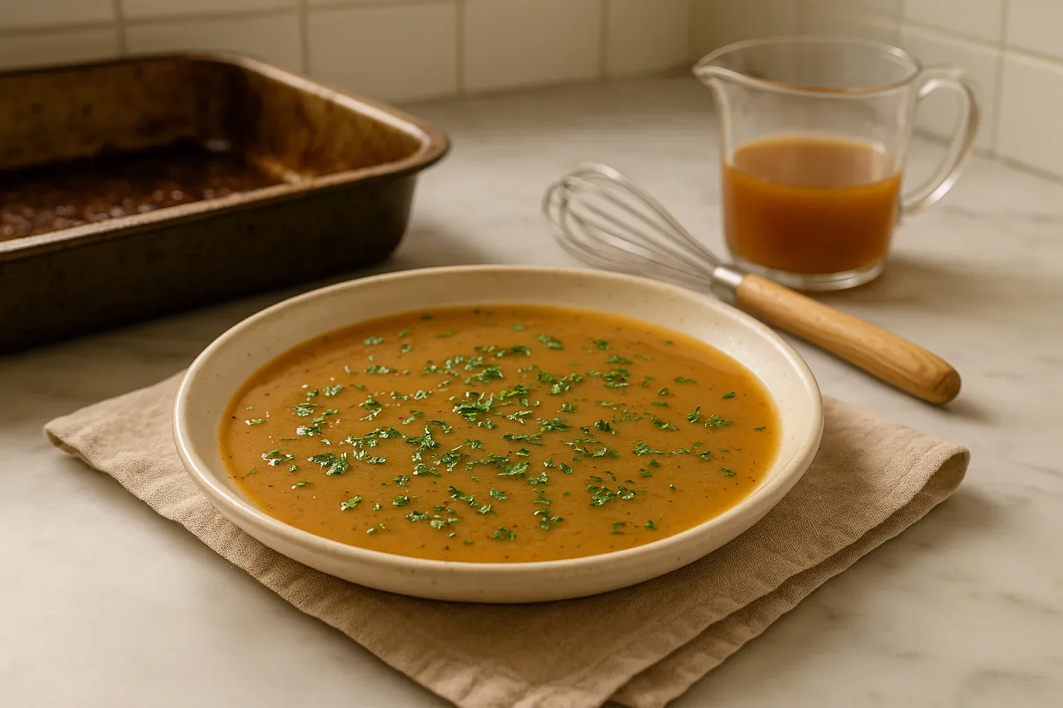 Golden brown gravy in a shallow bowl, garnished with chopped parsley, next to a whisk and a pitcher of gravy on a kitchen counter.