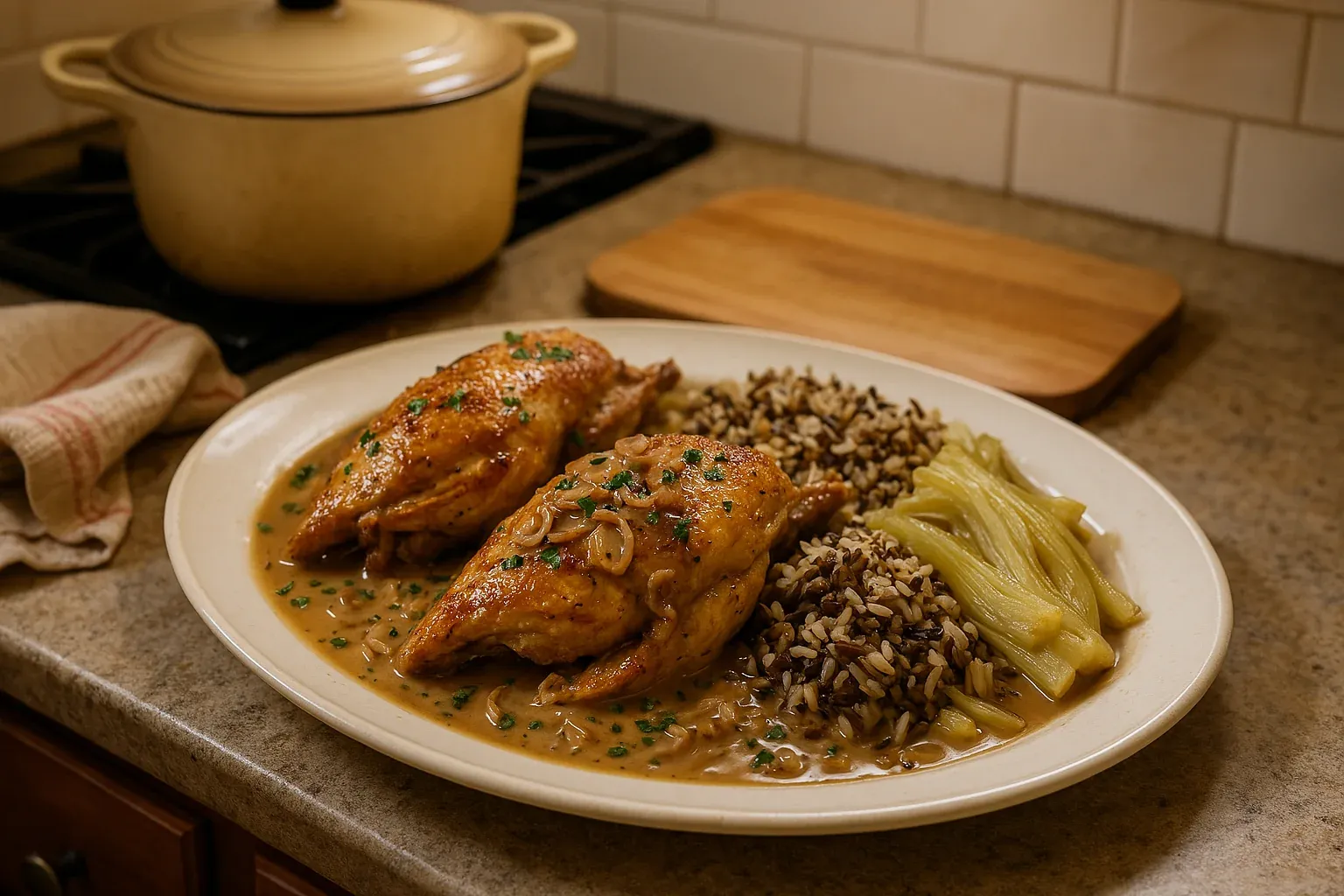 Roasted chicken breasts with a creamy herb sauce, served alongside wild rice and steamed leeks on a white plate in a cozy kitchen setting.