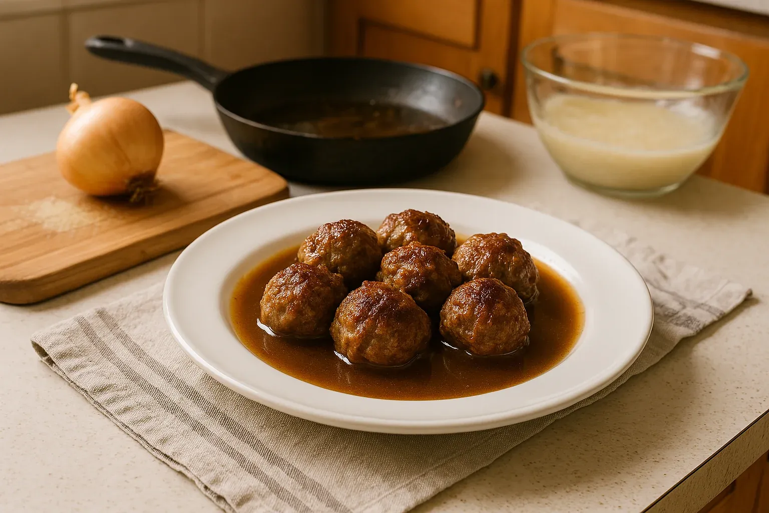 Plate of Swedish meatballs in gravy with a whole onion and a skillet in the background, perfect for a savory recipe.