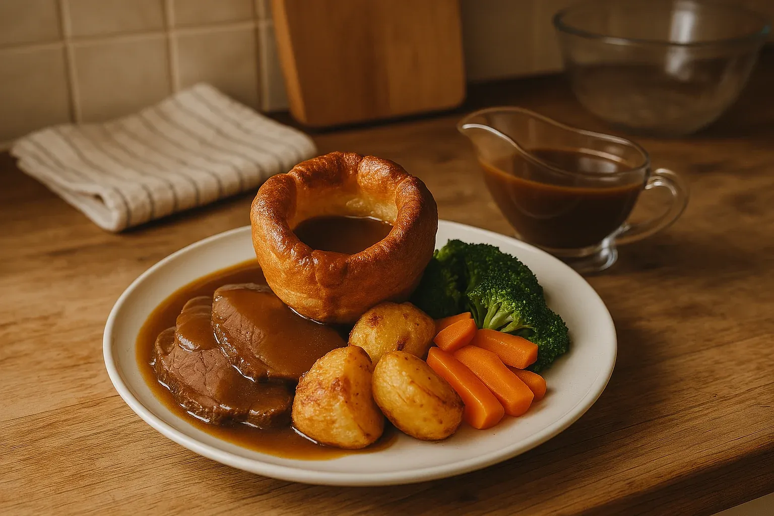 Traditional roast dinner with beef slices, Yorkshire pudding, roasted potatoes, carrots, broccoli, and gravy on a white plate.
