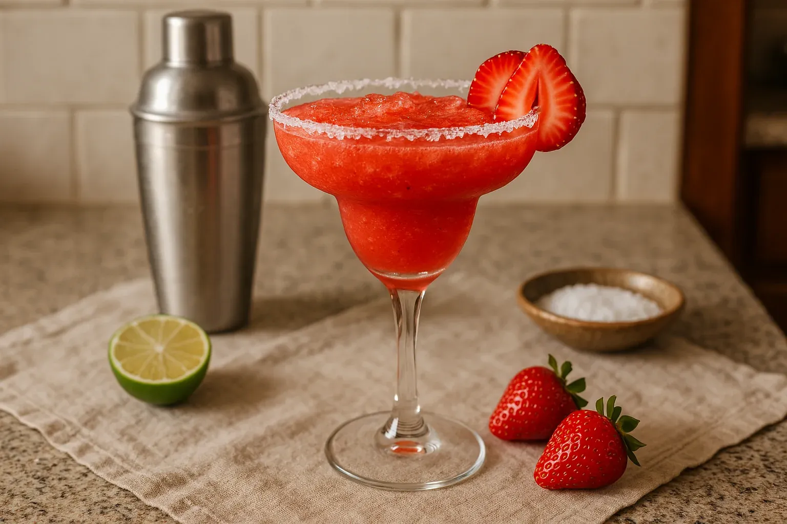 Frozen strawberry margarita garnished with fresh strawberries, with a cocktail shaker, lime, and bowl of salt in the background.