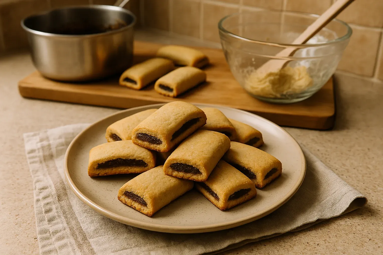 Homemade fig bars on a plate with baking ingredients and utensils in the background, ready for serving.