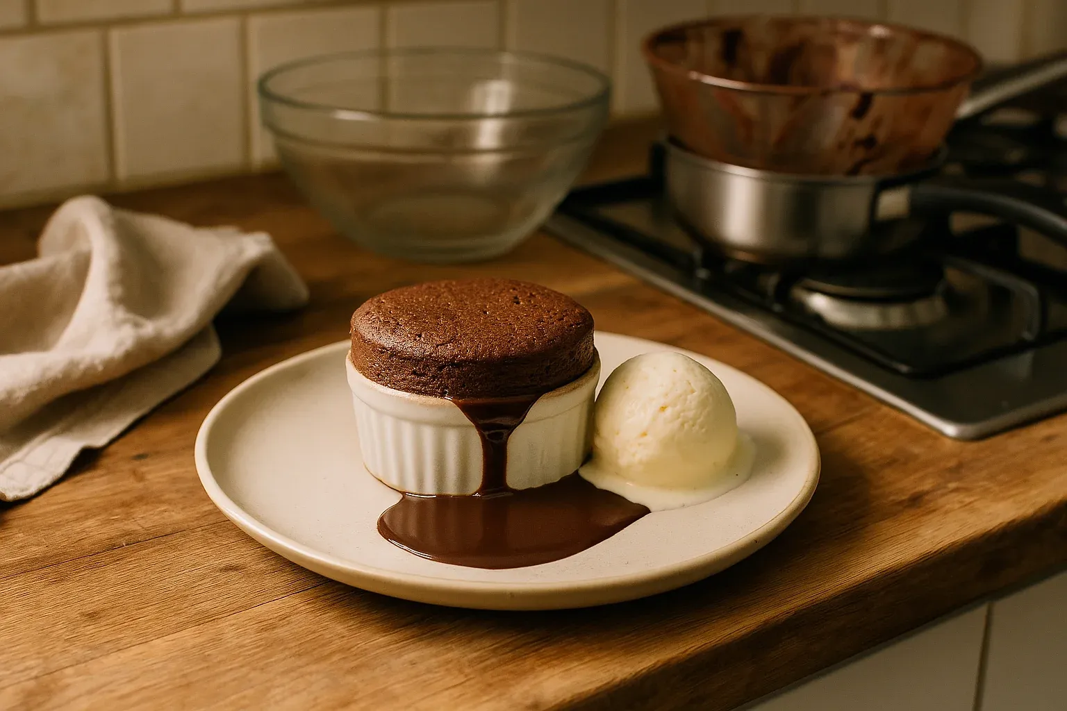 Decadent chocolate soufflé with molten center served with vanilla ice cream on a beige plate, set on a wooden kitchen counter.