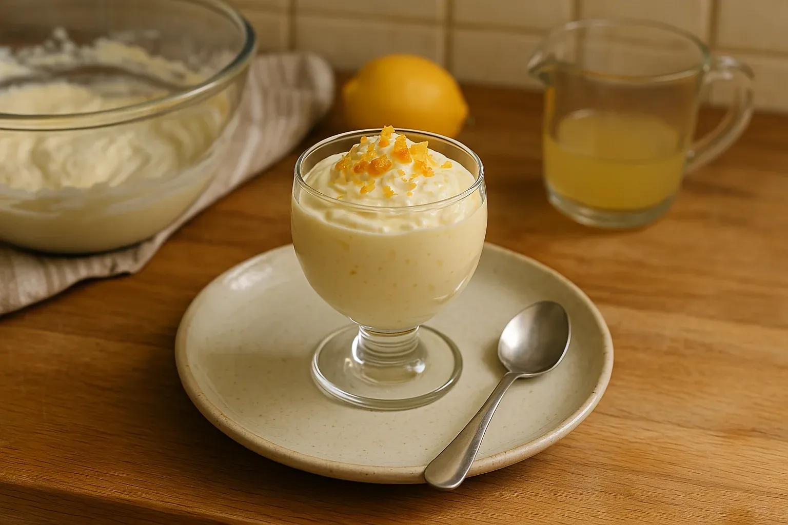Creamy lemon mousse dessert served in a glass, garnished with lemon zest, on a plate with a spoon, with ingredients in the background.